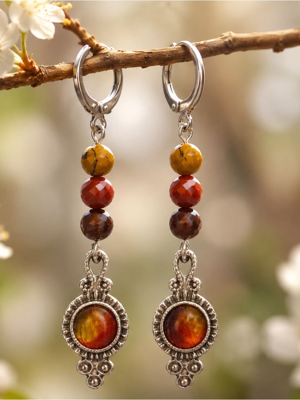 Hand Enameled Boho Dangle Earrings Earth Tone Leverbacks